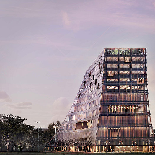 Architektonische Visualisierung eines Gebäudes mit asymmetrischer Fassade aus Glas. Das Gebäude steht in einer parkähnlichen Umgebung mit Bäumen und Laternen.