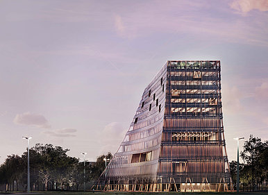 Architektonische Visualisierung eines Gebäudes mit asymmetrischer Fassade aus Glas. Das Gebäude steht in einer parkähnlichen Umgebung mit Bäumen und Laternen.