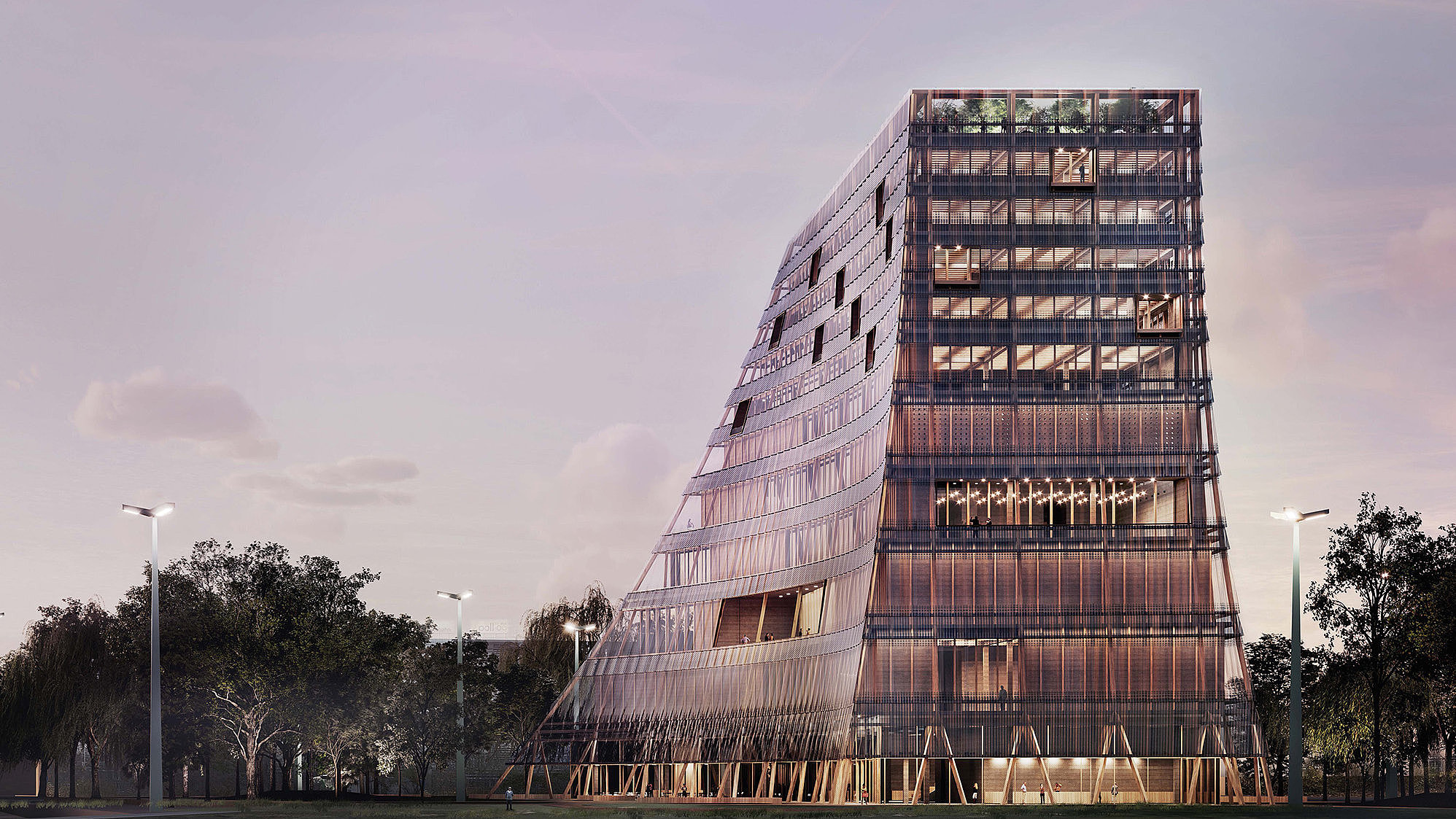 Architektonische Visualisierung eines Gebäudes mit asymmetrischer Fassade aus Glas. Das Gebäude steht in einer parkähnlichen Umgebung mit Bäumen und Laternen.