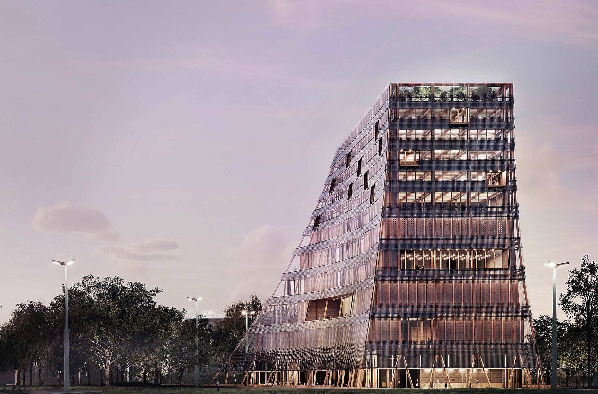 Architektonische Visualisierung eines Gebäudes mit asymmetrischer Fassade aus Glas. Das Gebäude steht in einer parkähnlichen Umgebung mit Bäumen und Laternen.