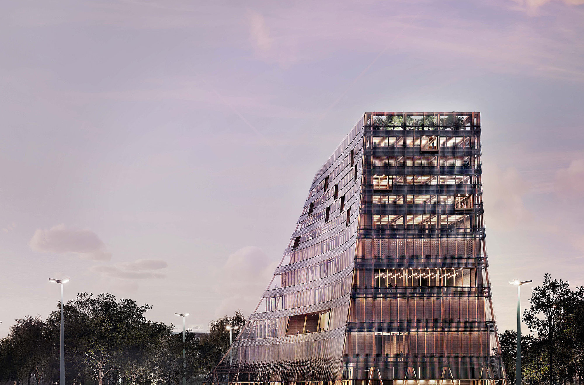 Architektonische Visualisierung eines Gebäudes mit asymmetrischer Fassade aus Glas. Das Gebäude steht in einer parkähnlichen Umgebung mit Bäumen und Laternen.